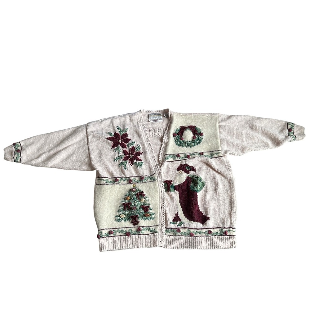 Vintage Marisa Christina Christmas Cardigan Womens‎ 2X Beaded Chunky Wool Ugly